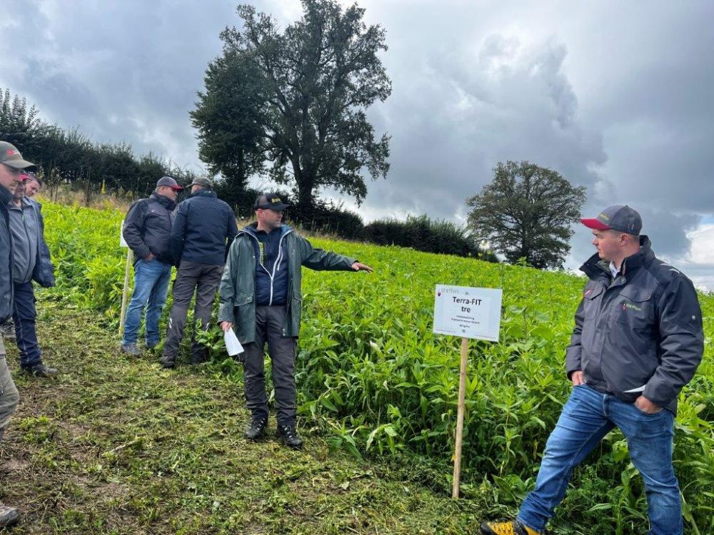 Lukas Knörr (d.) , conseiller de vente de Samen Steffen, montre ici les avantages de l'engrais vert Terra-Fit tre. Photo : kim
