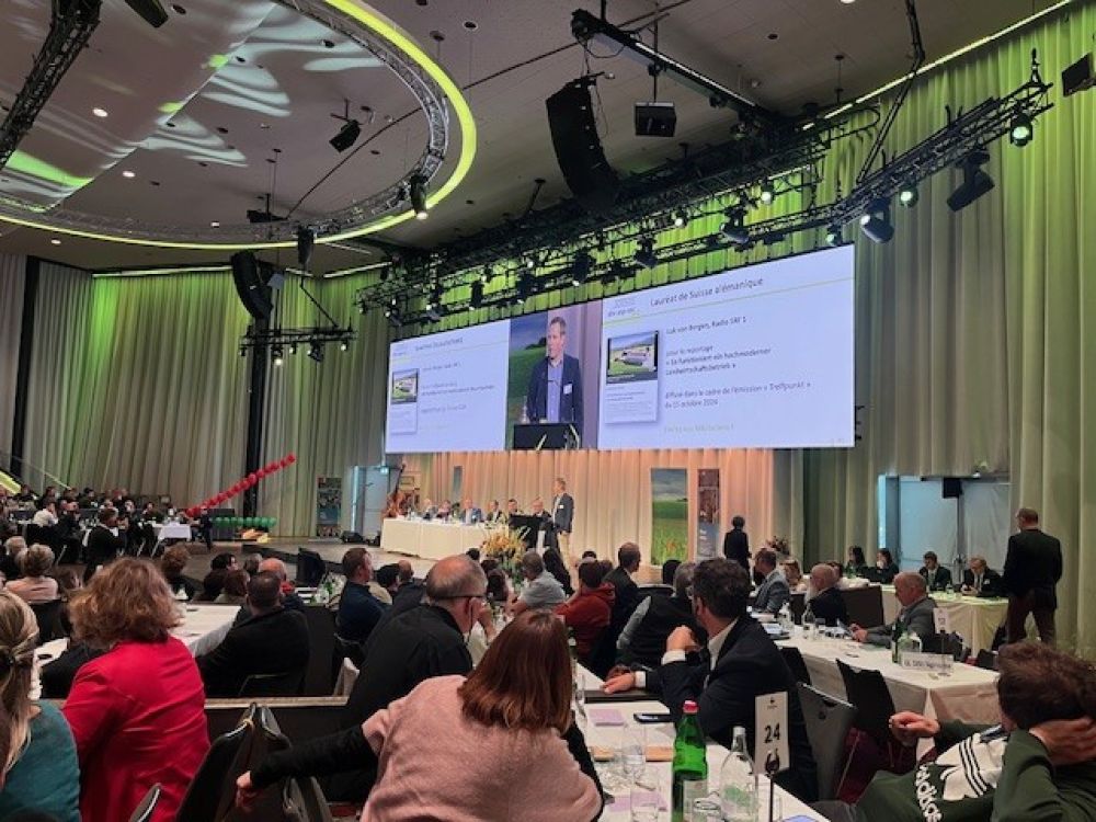 Jonas Ingold, Leiter des Landwirtschaftlichen Informationsdienstes, ehrt die Gewinner des SBV-Medienpreises.